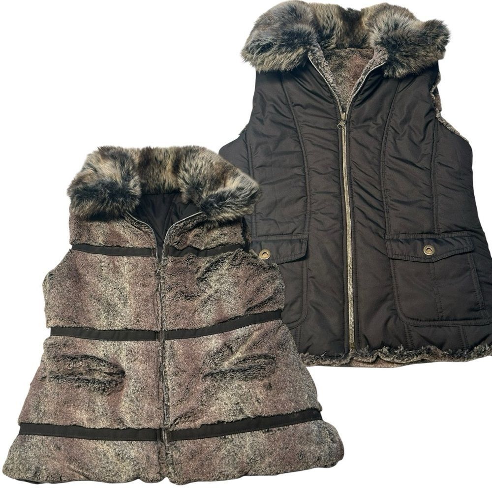 Dress Barn Women’s M Faux Fur Reversible Puffer Vest Brown Black Trendy Mob Wife
